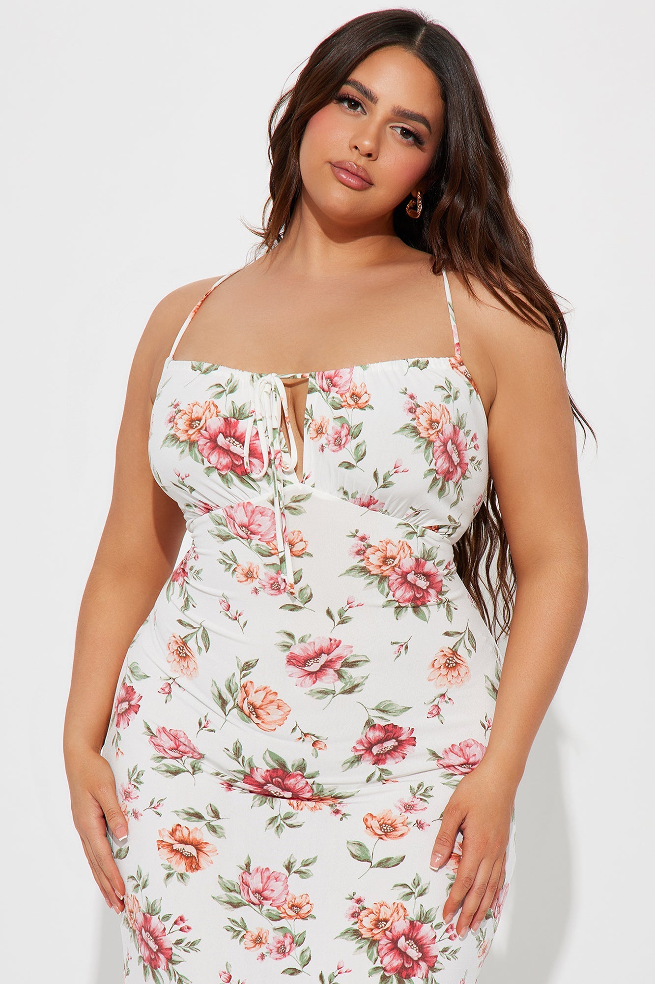 Floral Lace Up Midi Dress - Off White