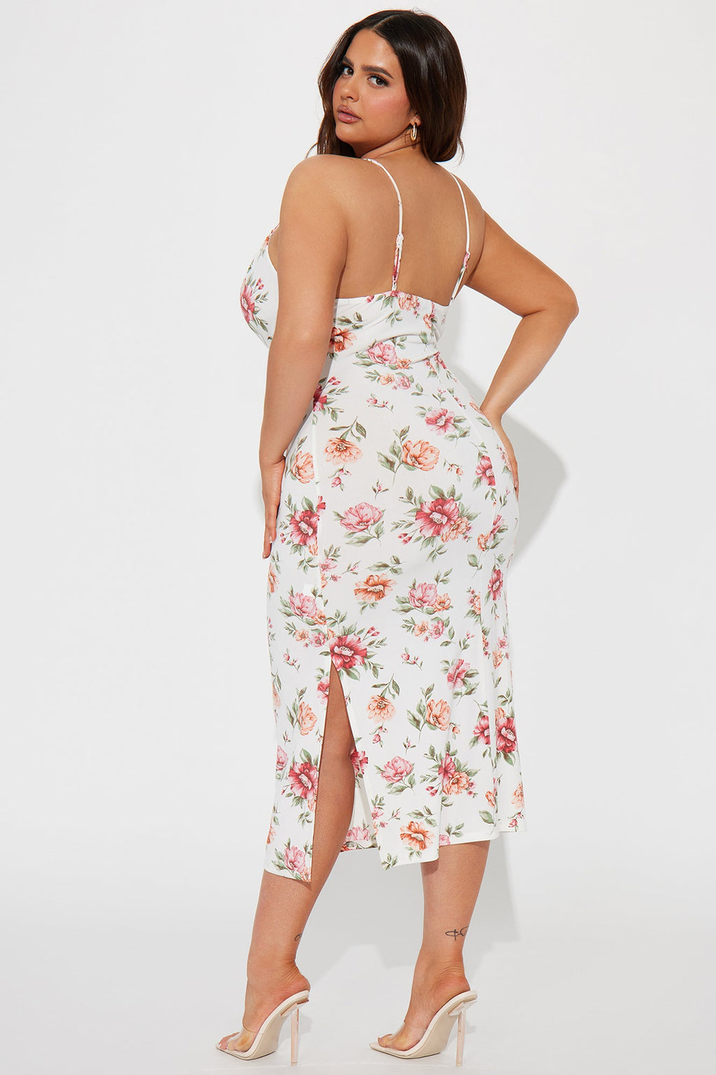 Floral Lace Up Midi Dress - Off White