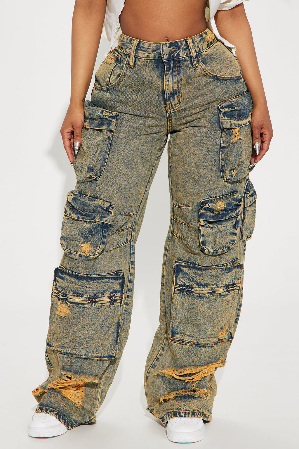 Nikki Non Stretch Acid Wash Cargo Jeans - Vintage Wash
