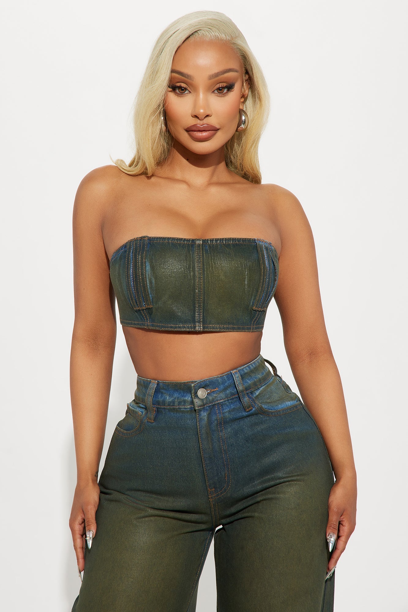 Switch Up Coated Denim Bandeau Top - Olive