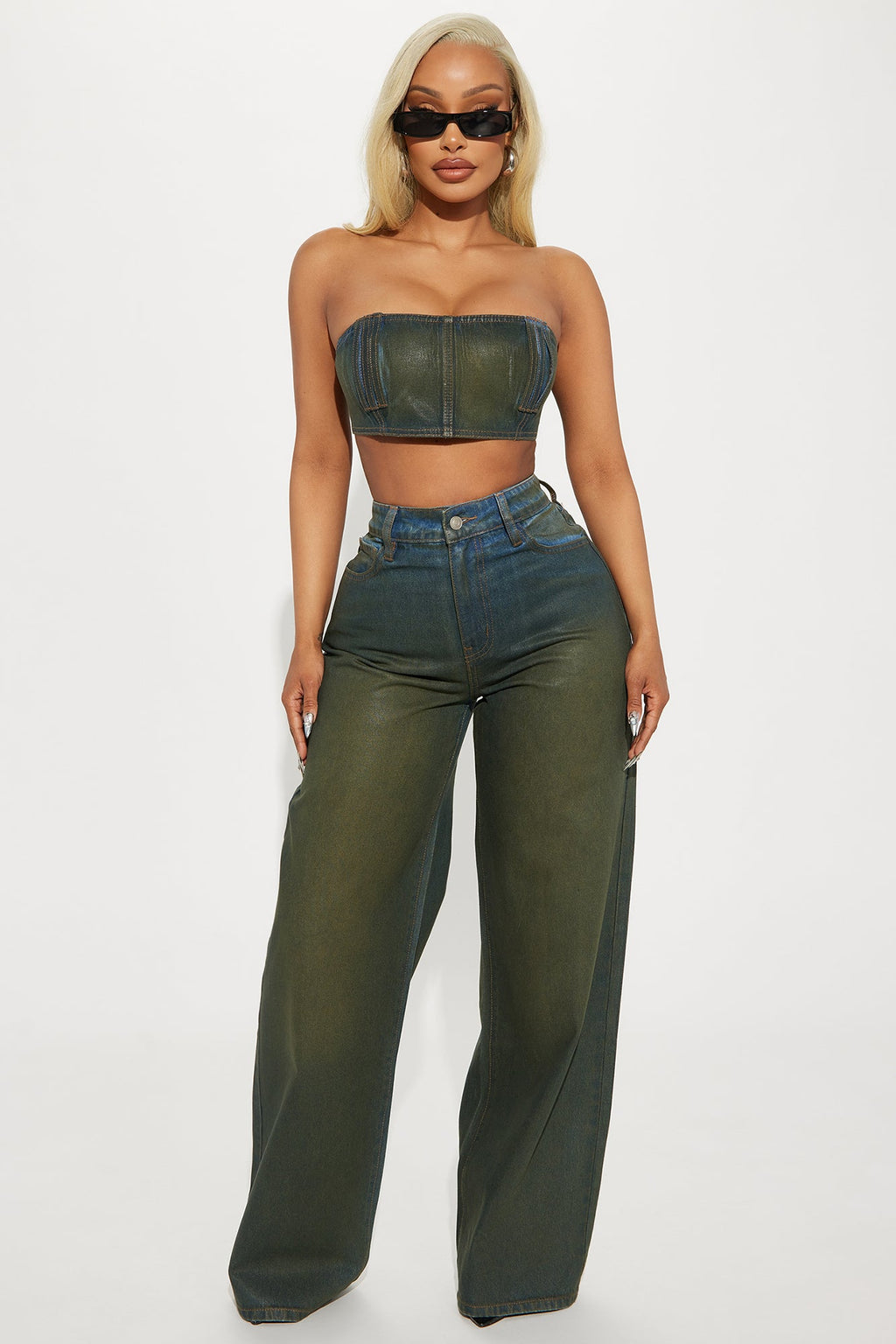 Switch Up Coated Denim Bandeau Top - Olive