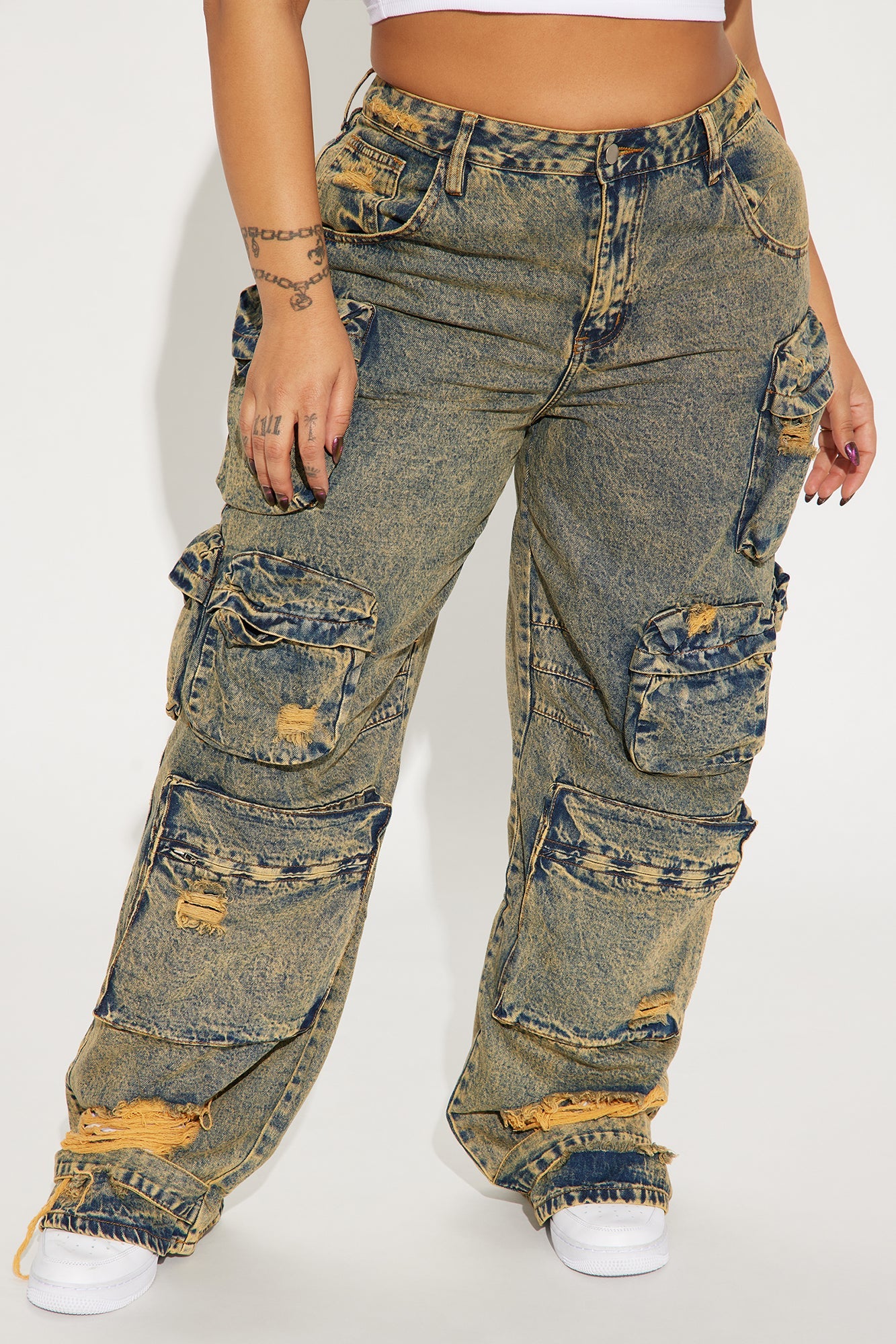 Nikki Non Stretch Acid Wash Cargo Jeans - Vintage Wash