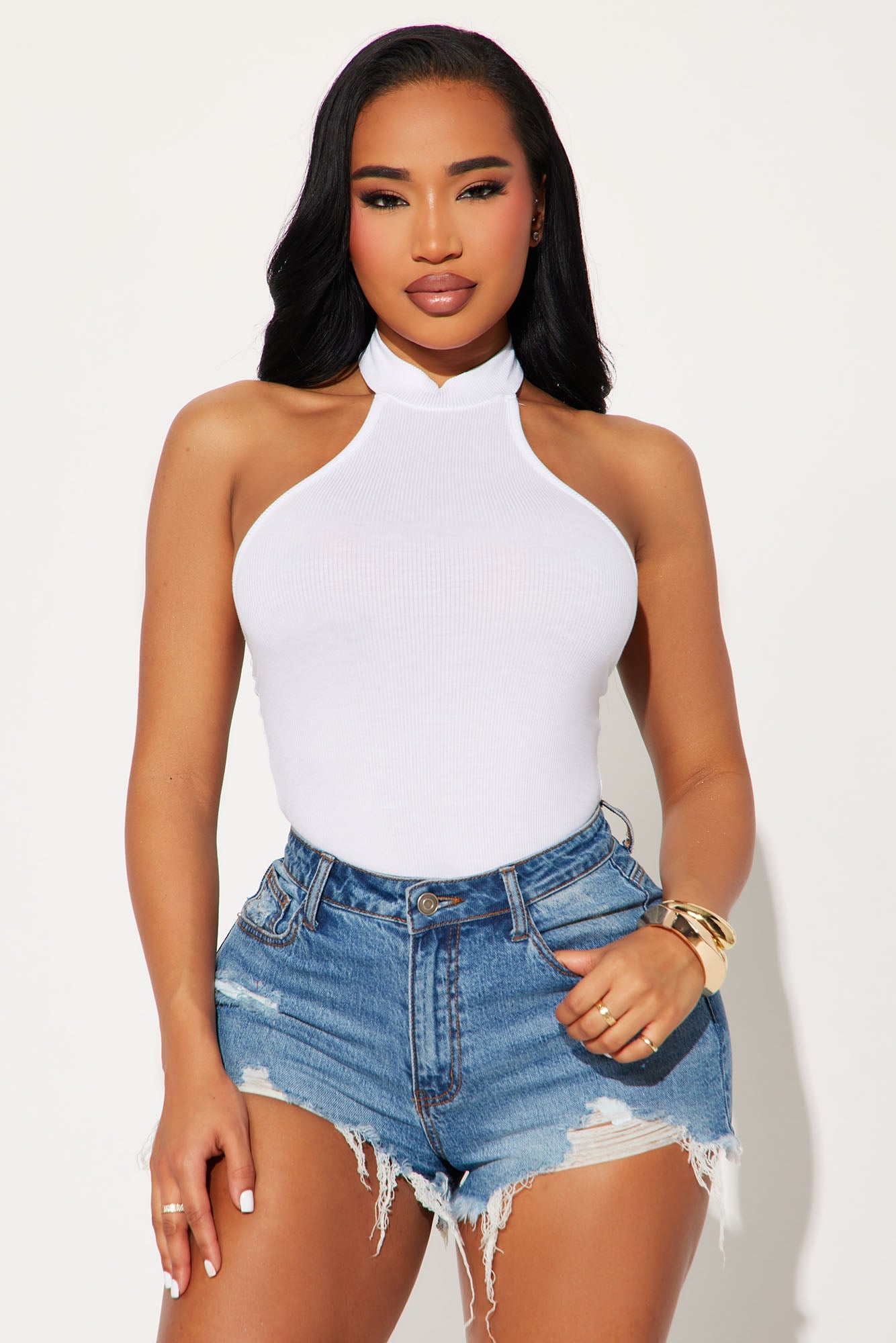 Bitter Sweet Ribbed Halter Bodysuit - White