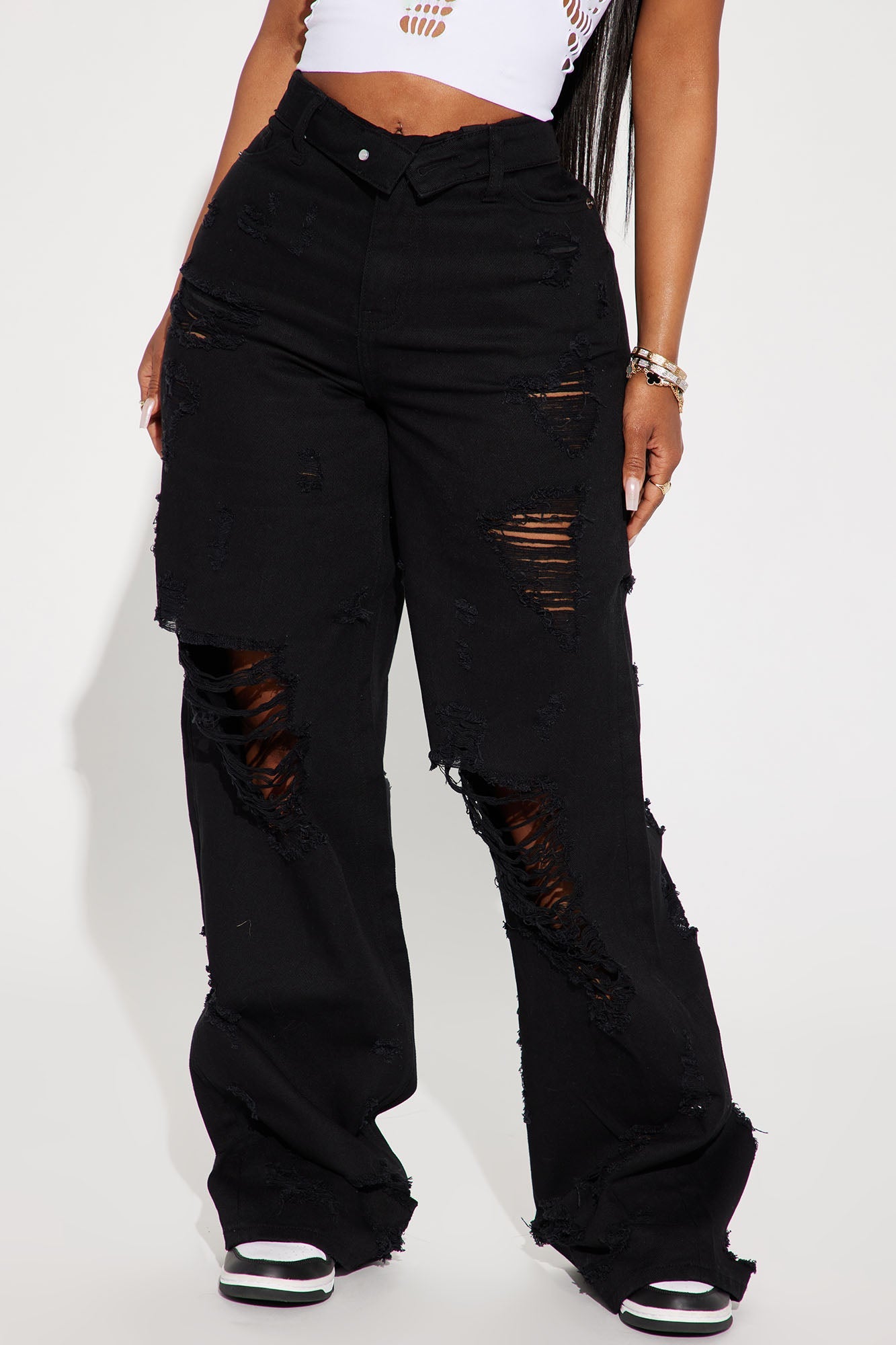 Summer Fling Destroyed Foldover Baggy Jean - Black