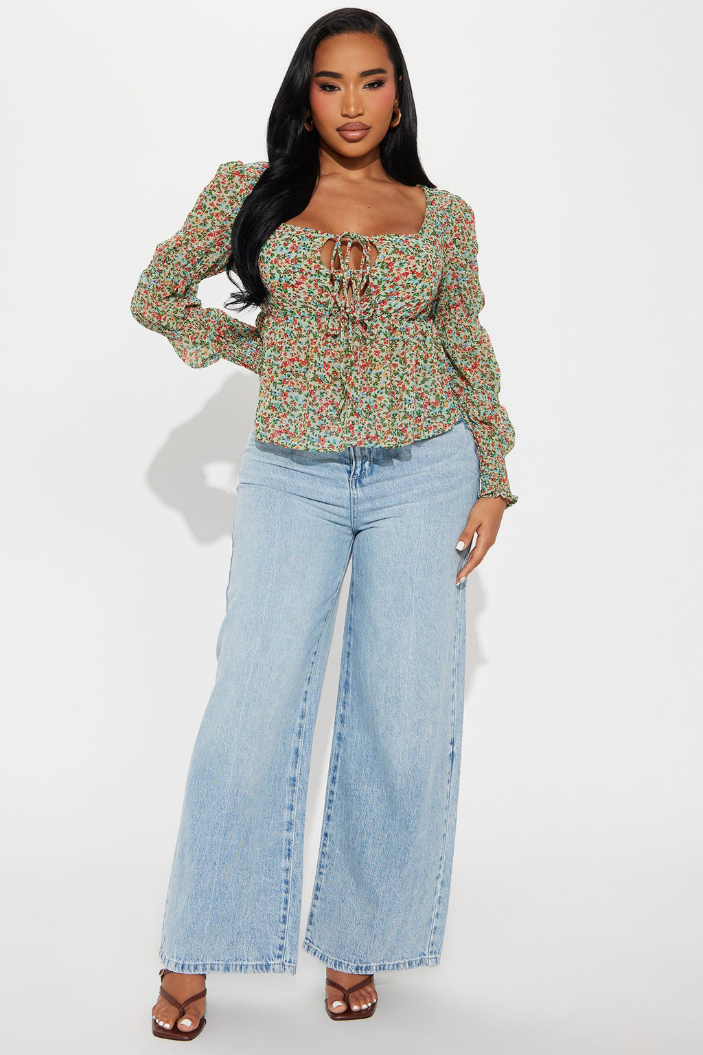 In The Garden Chiffon Floral Blouse - Green/combo