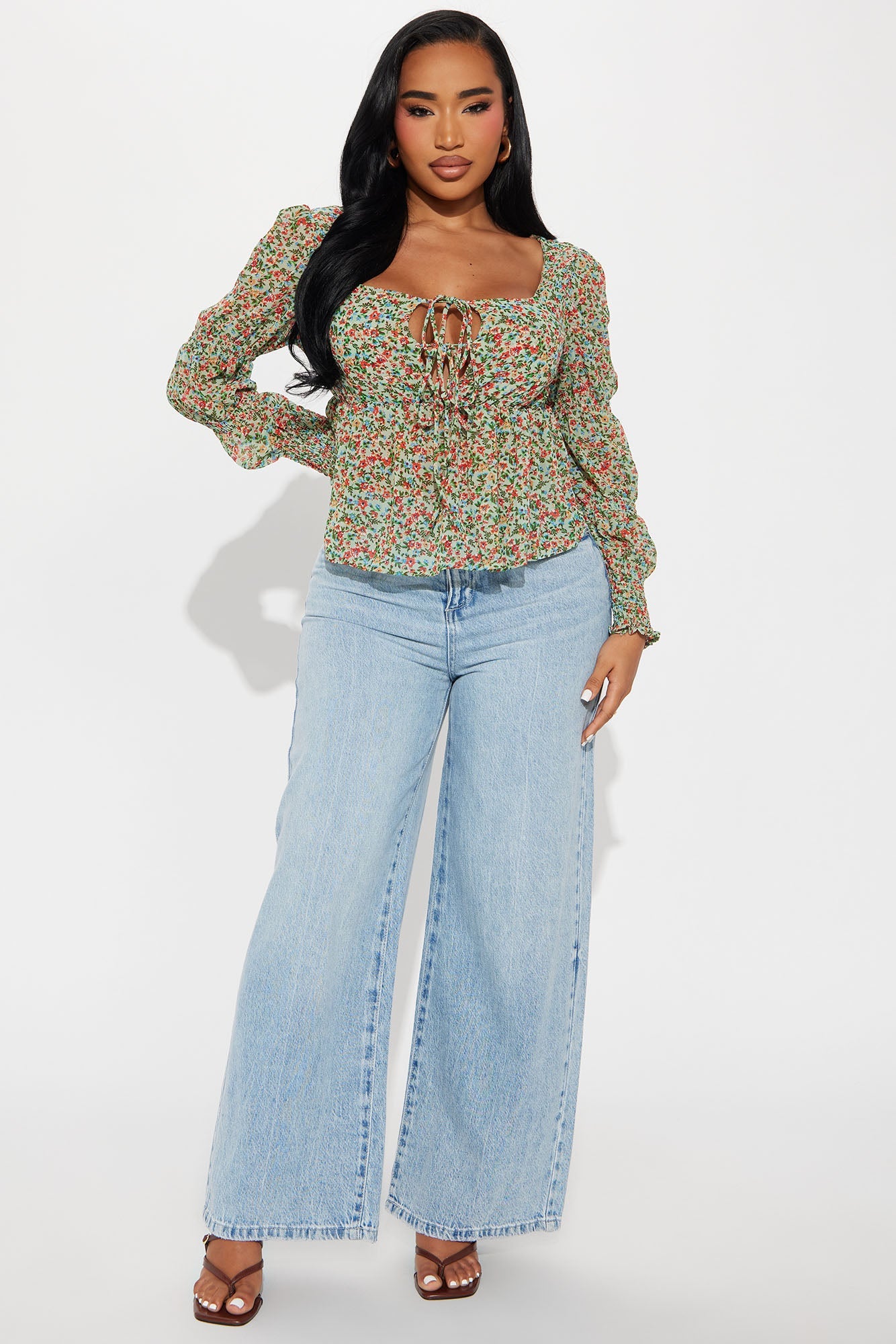 In The Garden Chiffon Floral Blouse - Green/combo