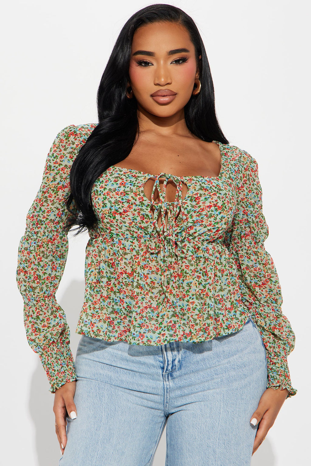 In The Garden Chiffon Floral Blouse - Green/combo