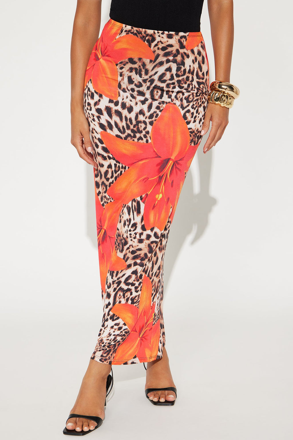 My Way Floral Leopard Print Maxi Skirt - Orange/combo