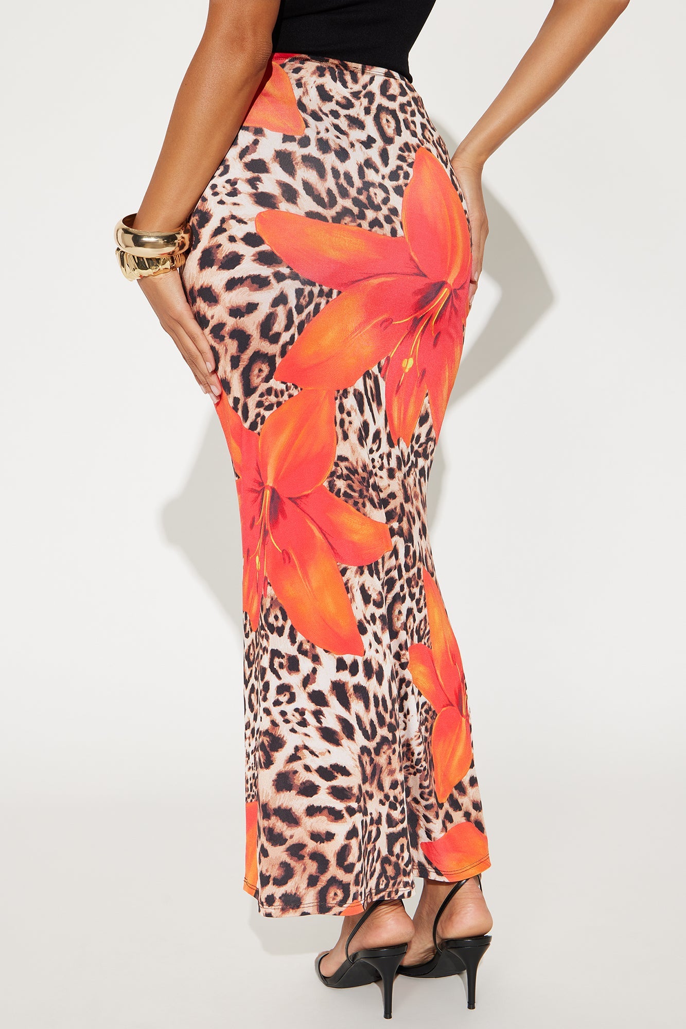 My Way Floral Leopard Print Maxi Skirt - Orange/combo