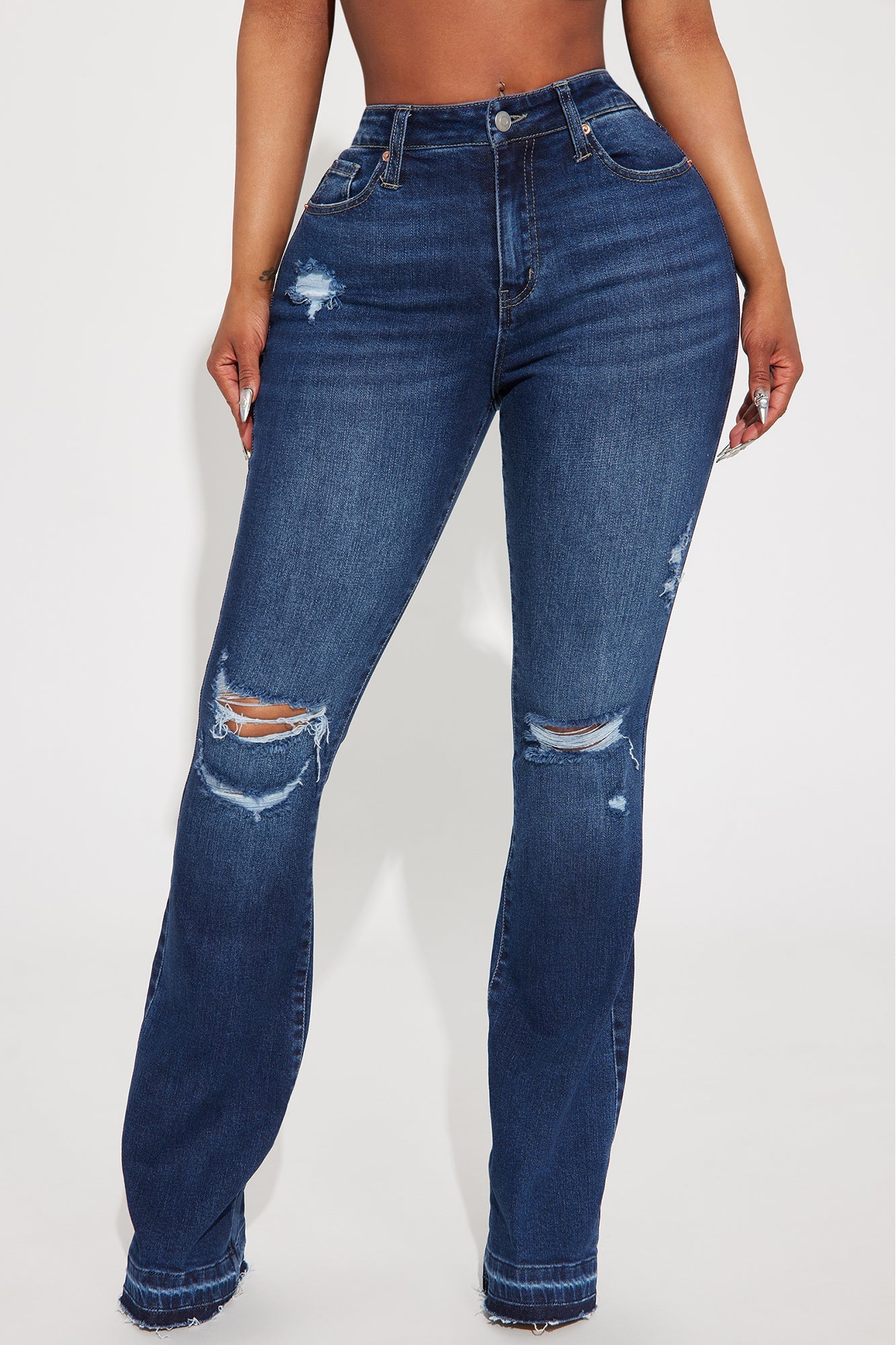 Take No Chances Ripped Stretch Flare Jeans - Dark Wash