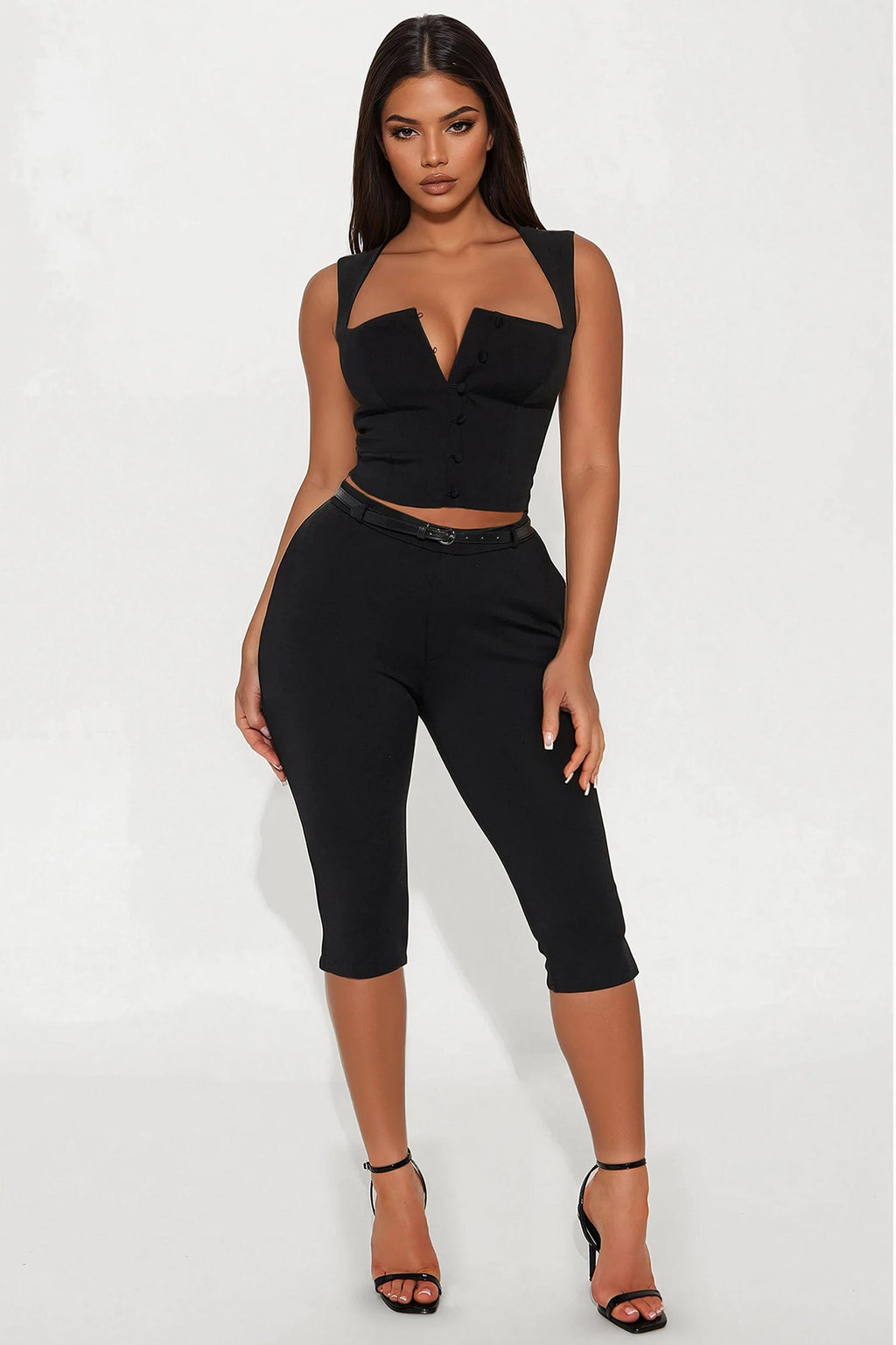 Hannah Square Neck Vest Capri Pant Set - Black
