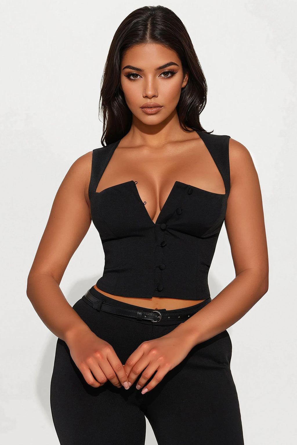 Hannah Square Neck Vest Capri Pant Set - Black