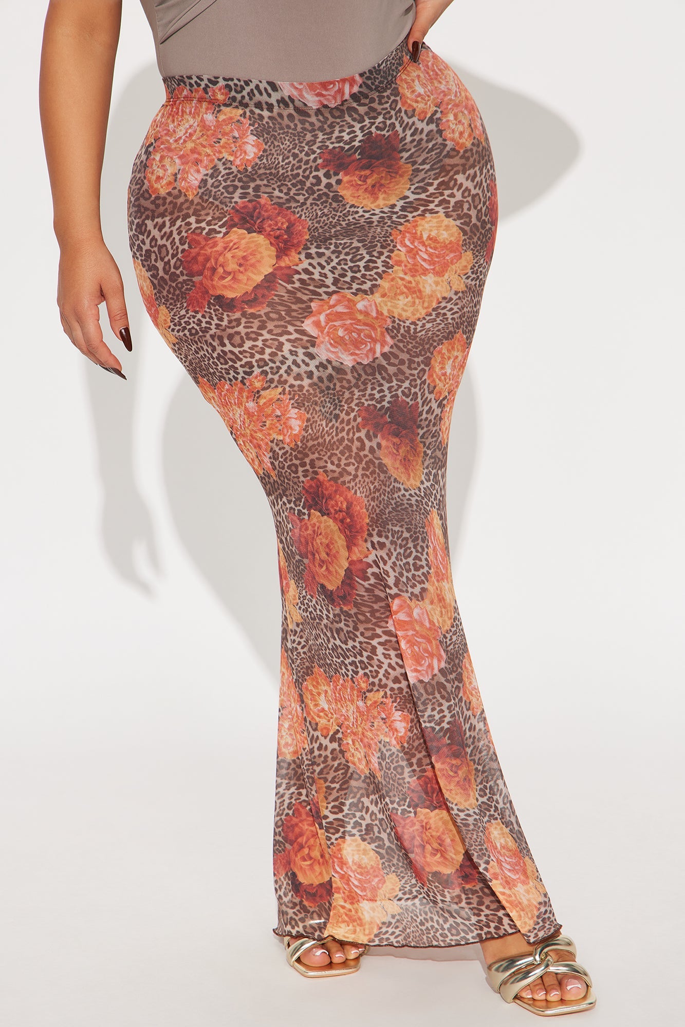 Kira Floral Leopard Print Mesh Bodycon Maxi Skirt - Brown/combo