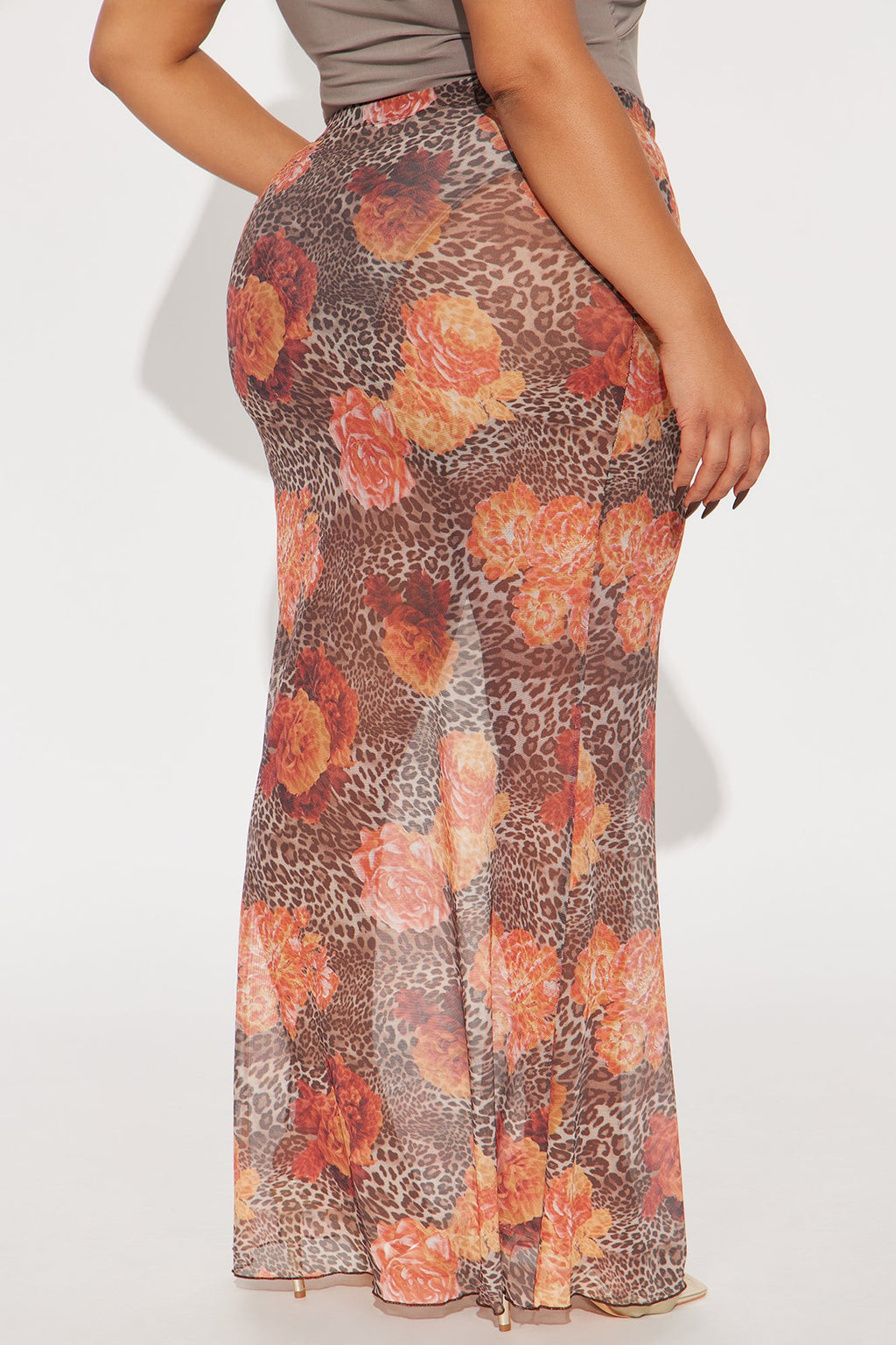 Kira Floral Leopard Print Mesh Bodycon Maxi Skirt - Brown/combo