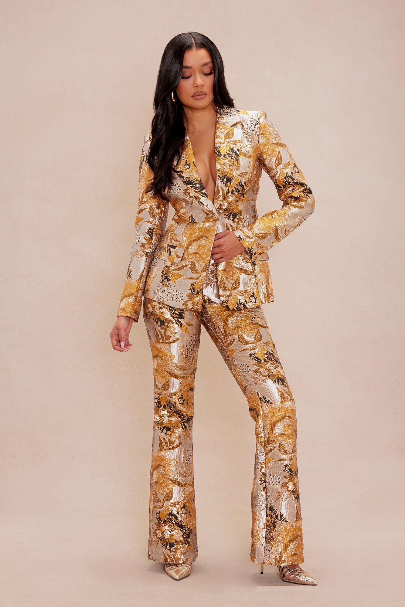 Jackie Jacquard Blazer Suit Set - Yellow/combo