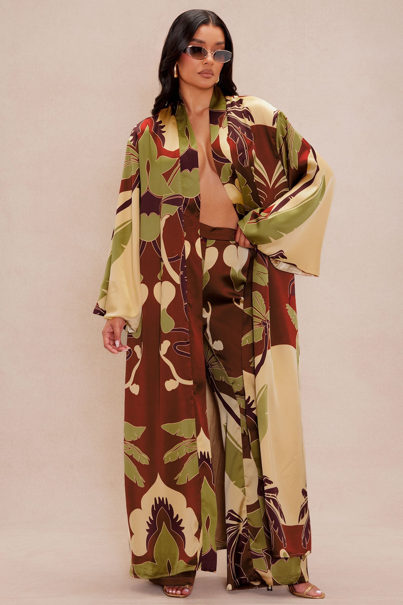 Safira Satin Kimono Pant Set - Rust/combo