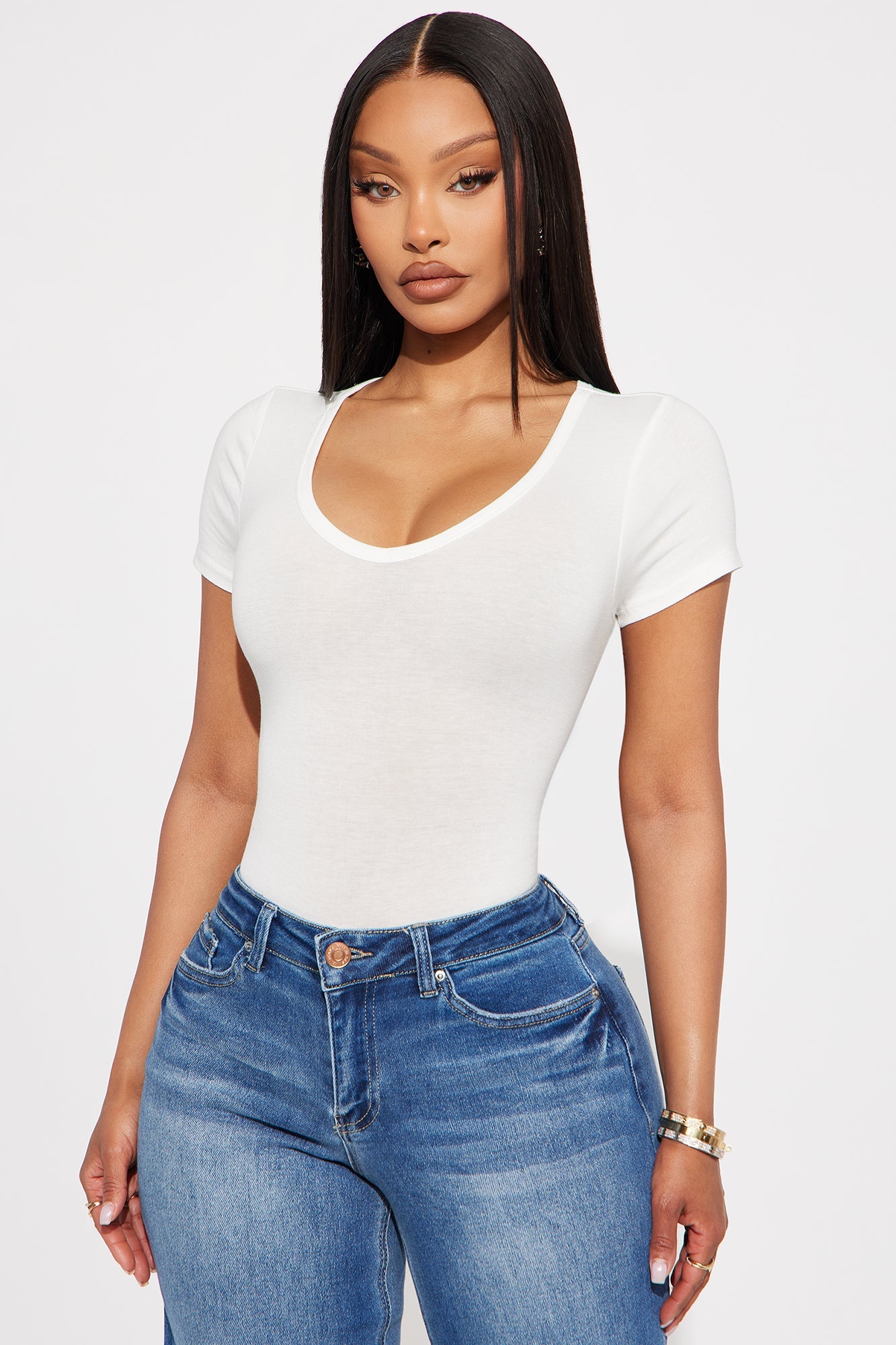 Nira V Neck Basic Bodysuit - White