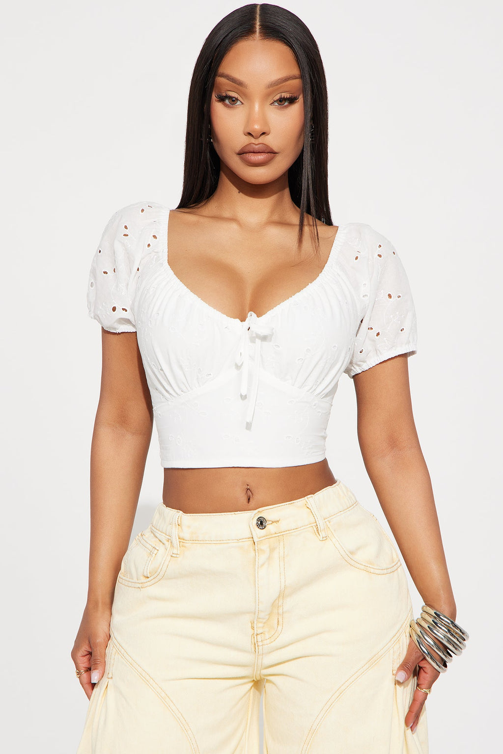 Tenisha Eyelet Puff Sleeve Top - Off White