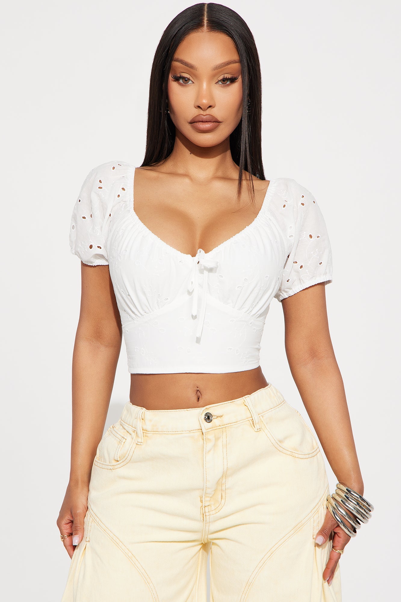 Tenisha Eyelet Puff Sleeve Top - Off White