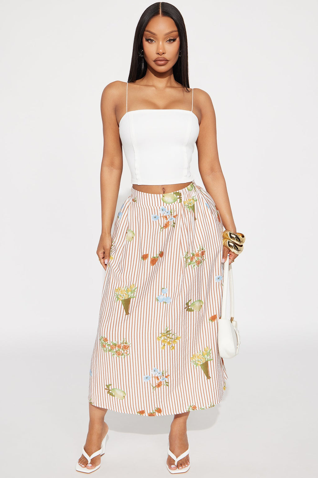 Sweet Blossom Striped Midi Skirt - Cream/combo