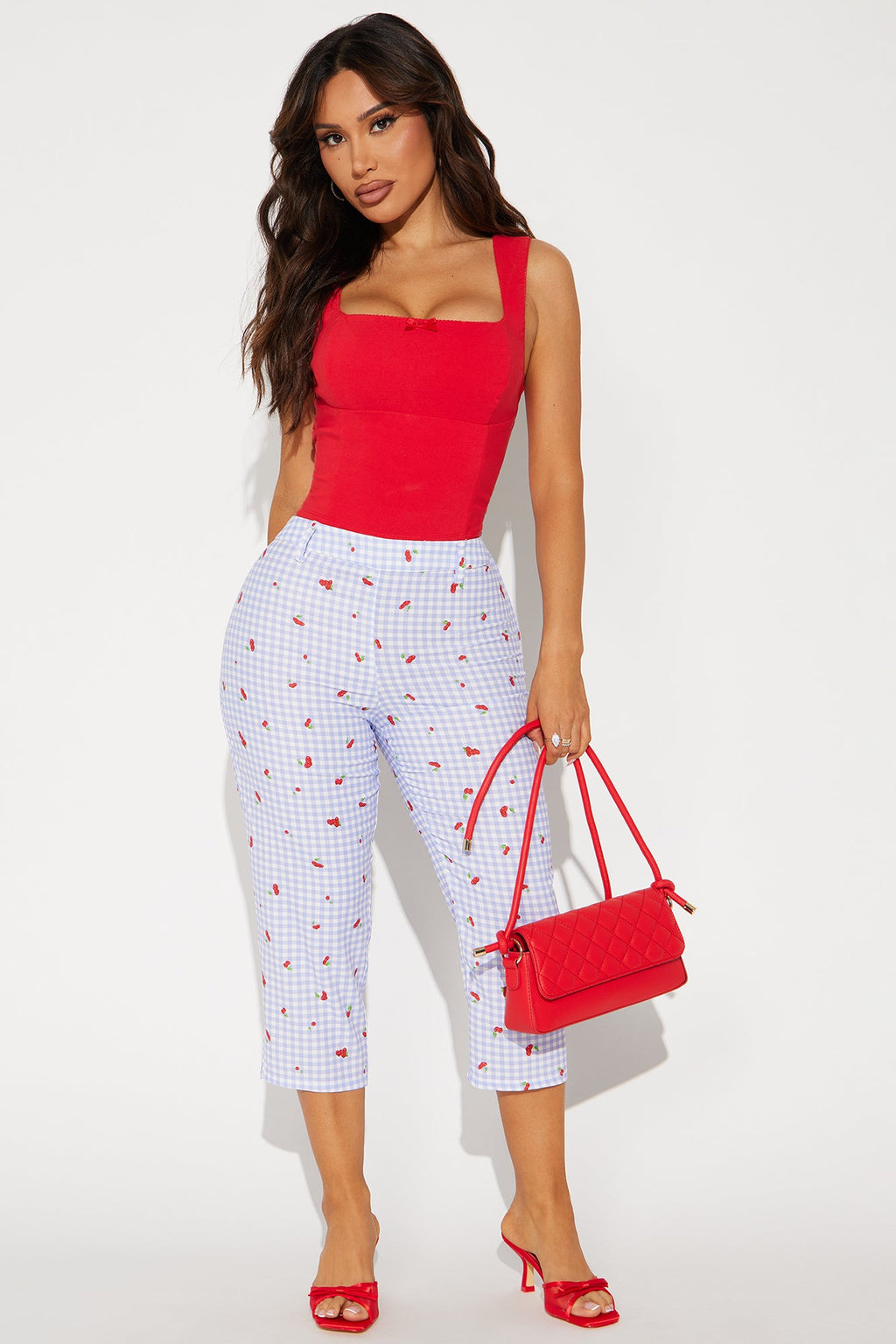 Cherry Love Gingham Capri Pant - Blue/combo