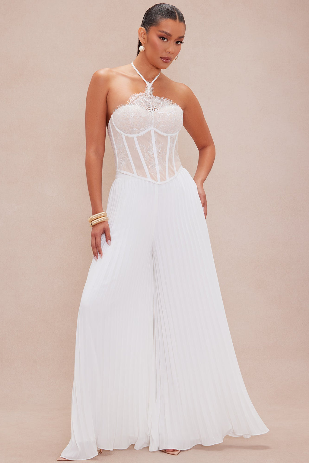 Nadine Pleated Pant Set - White/combo