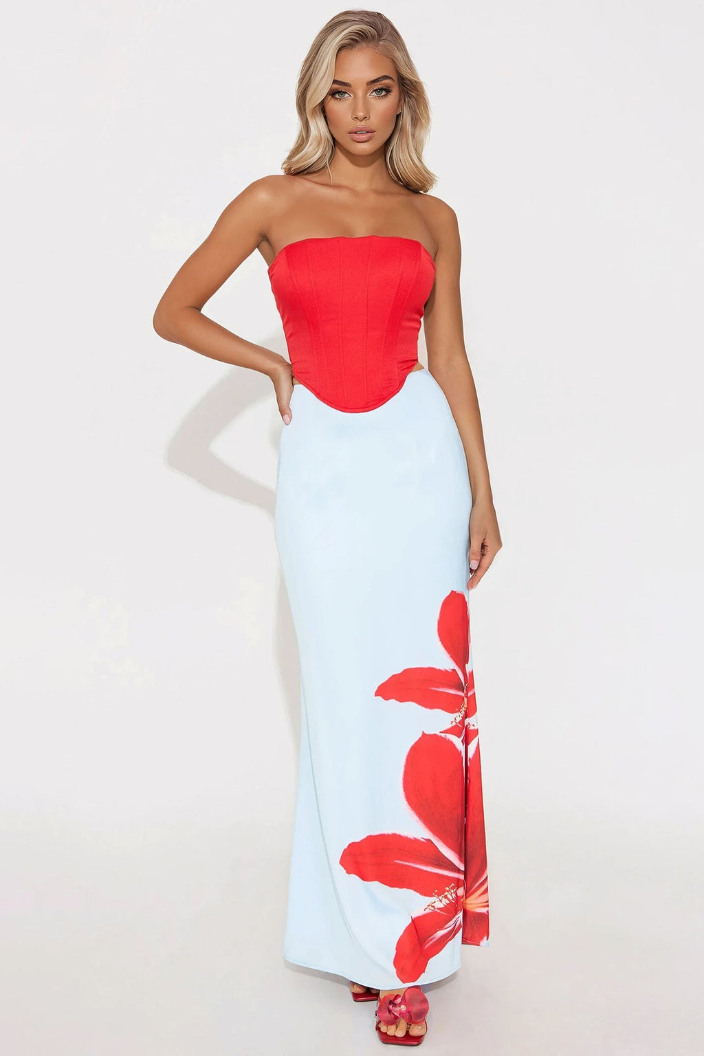 Talia Satin Floral Maxi Skirt - Blue/combo