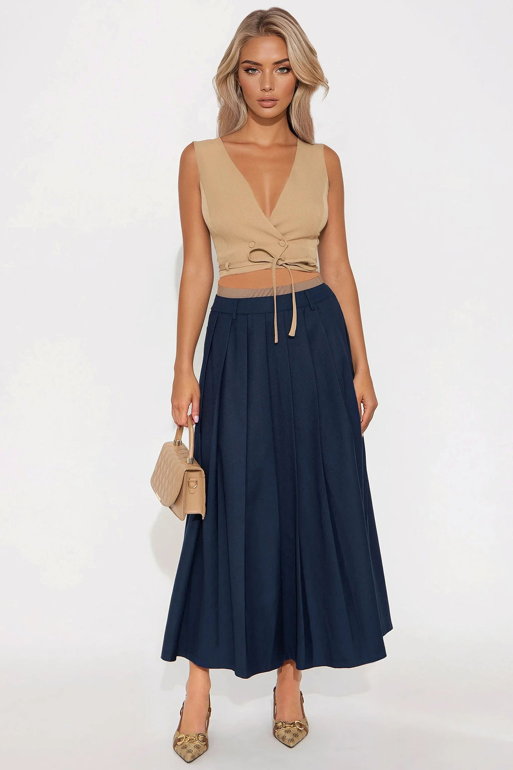 Milla Double Waistband Midi Skirt - Navy