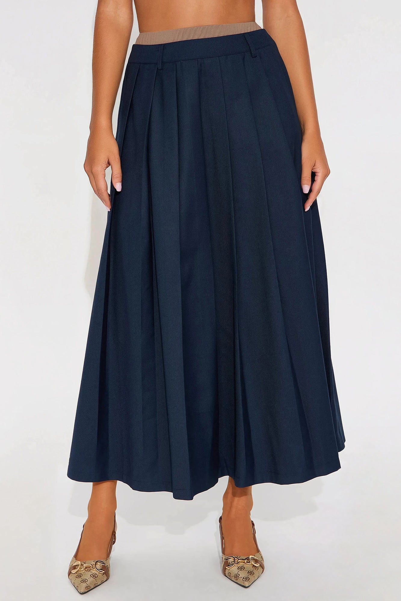 Milla Double Waistband Midi Skirt - Navy