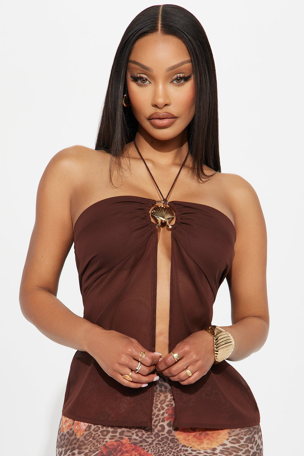 Kennedy Chiffon Shell Hardware Halter Top - Brown