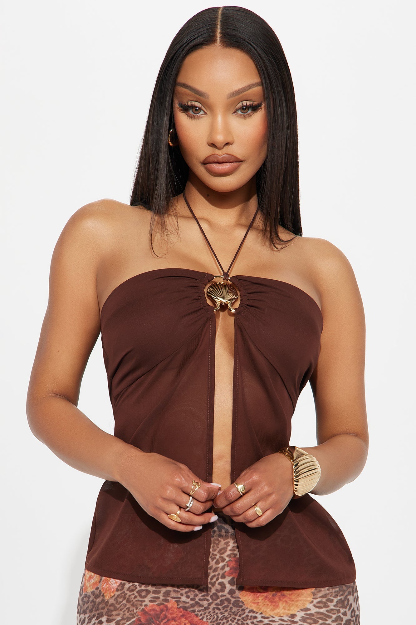 Kennedy Chiffon Shell Hardware Halter Top - Brown