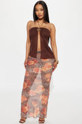 Kira Floral Leopard Print Mesh Bodycon Maxi Skirt - Brown/combo
