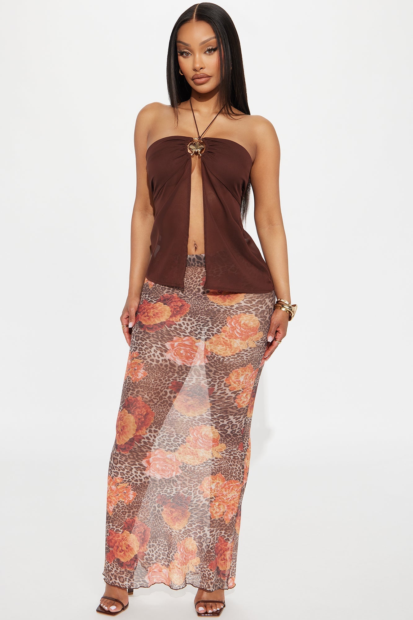 Kira Floral Leopard Print Mesh Bodycon Maxi Skirt - Brown/combo