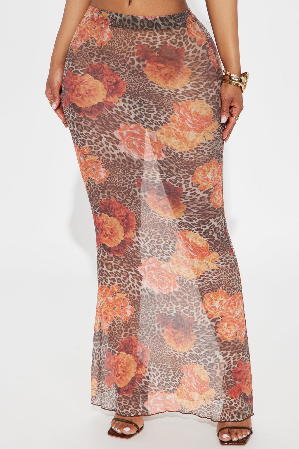 Kira Floral Leopard Print Mesh Bodycon Maxi Skirt - Brown/combo