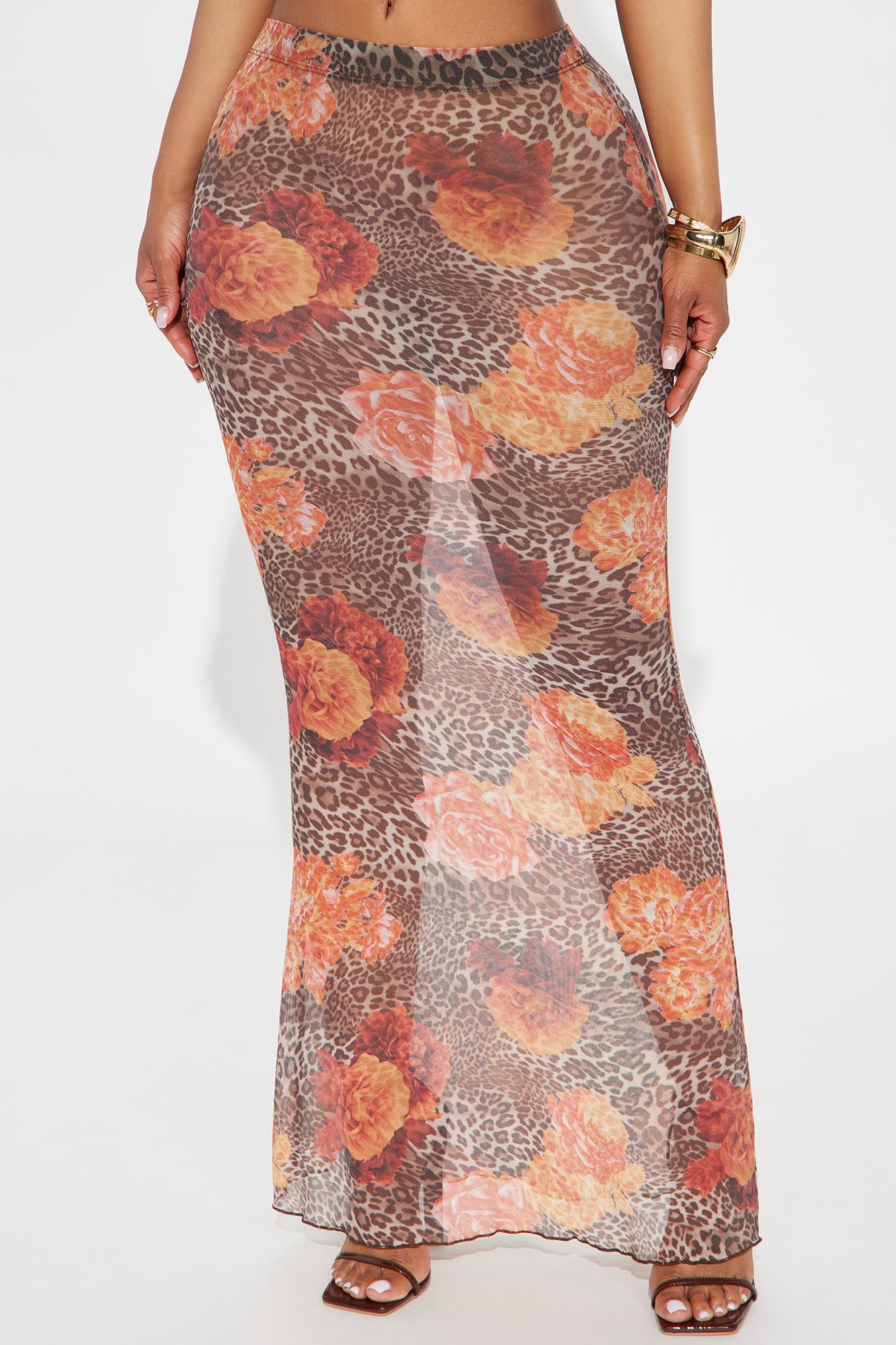 Kira Floral Leopard Print Mesh Bodycon Maxi Skirt - Brown/combo