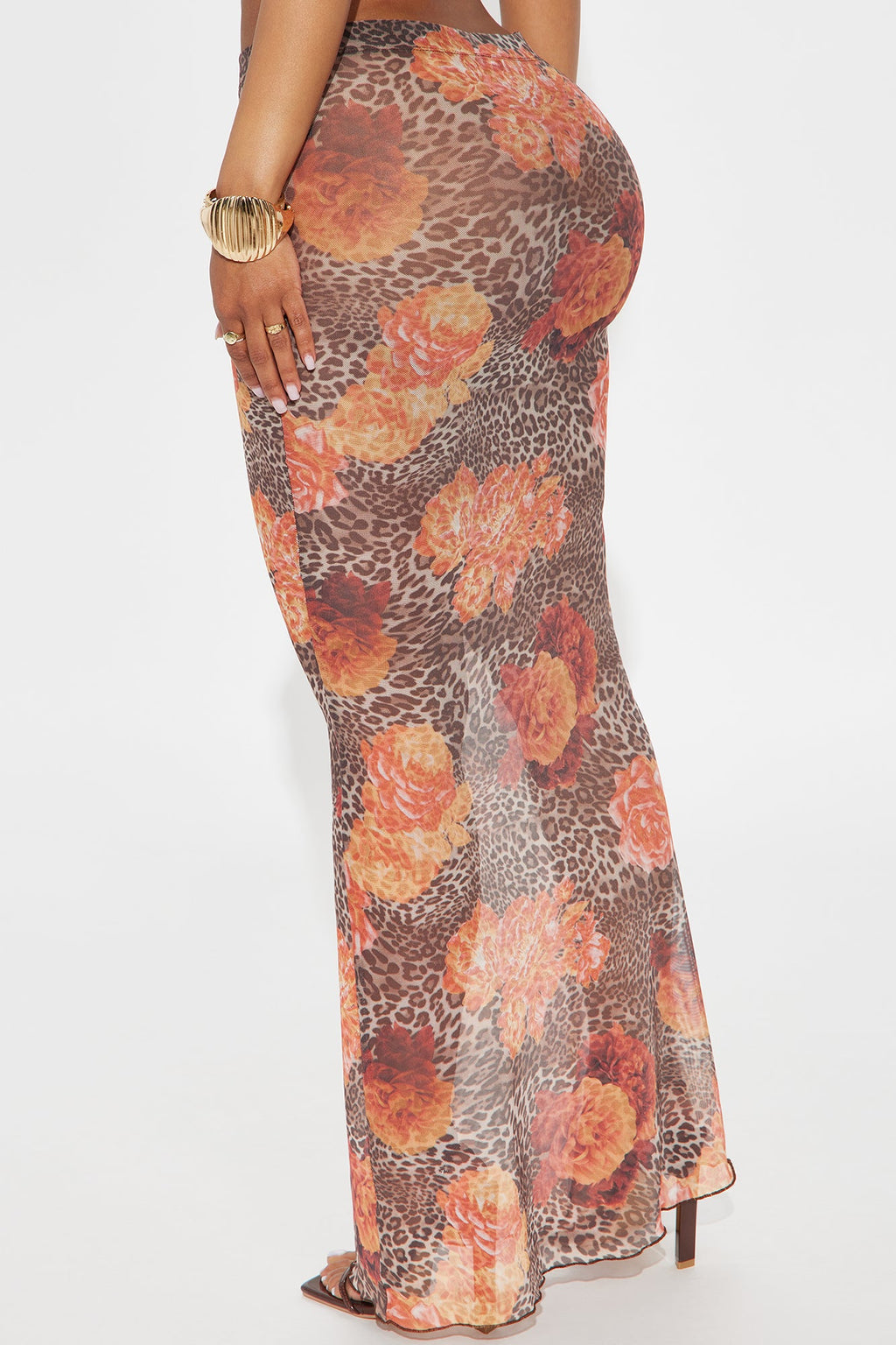 Kira Floral Leopard Print Mesh Bodycon Maxi Skirt - Brown/combo