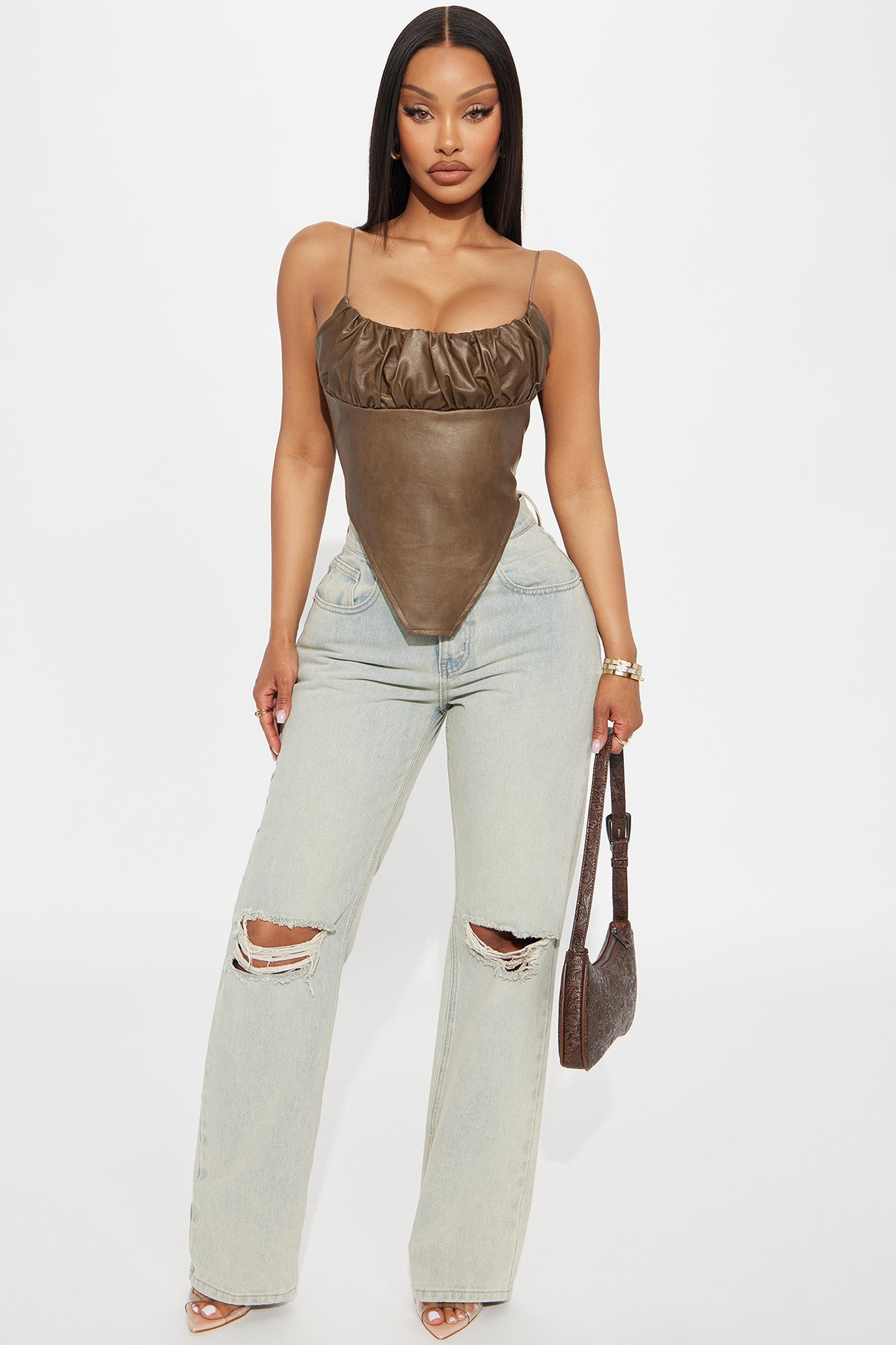 Jilly Faux Leather Cami Top - Brown
