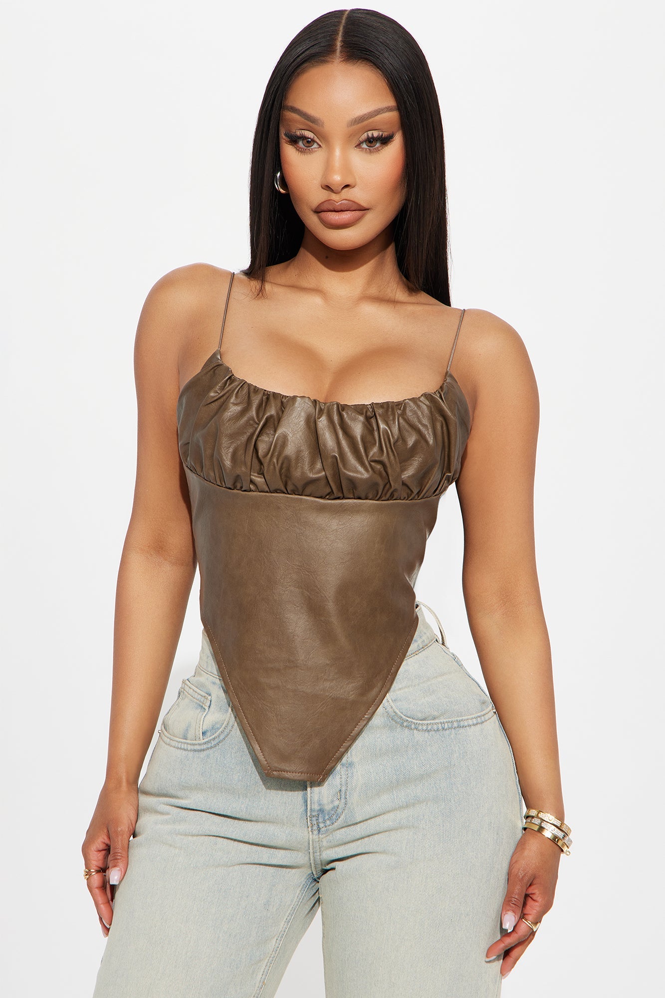 Jilly Faux Leather Cami Top - Brown
