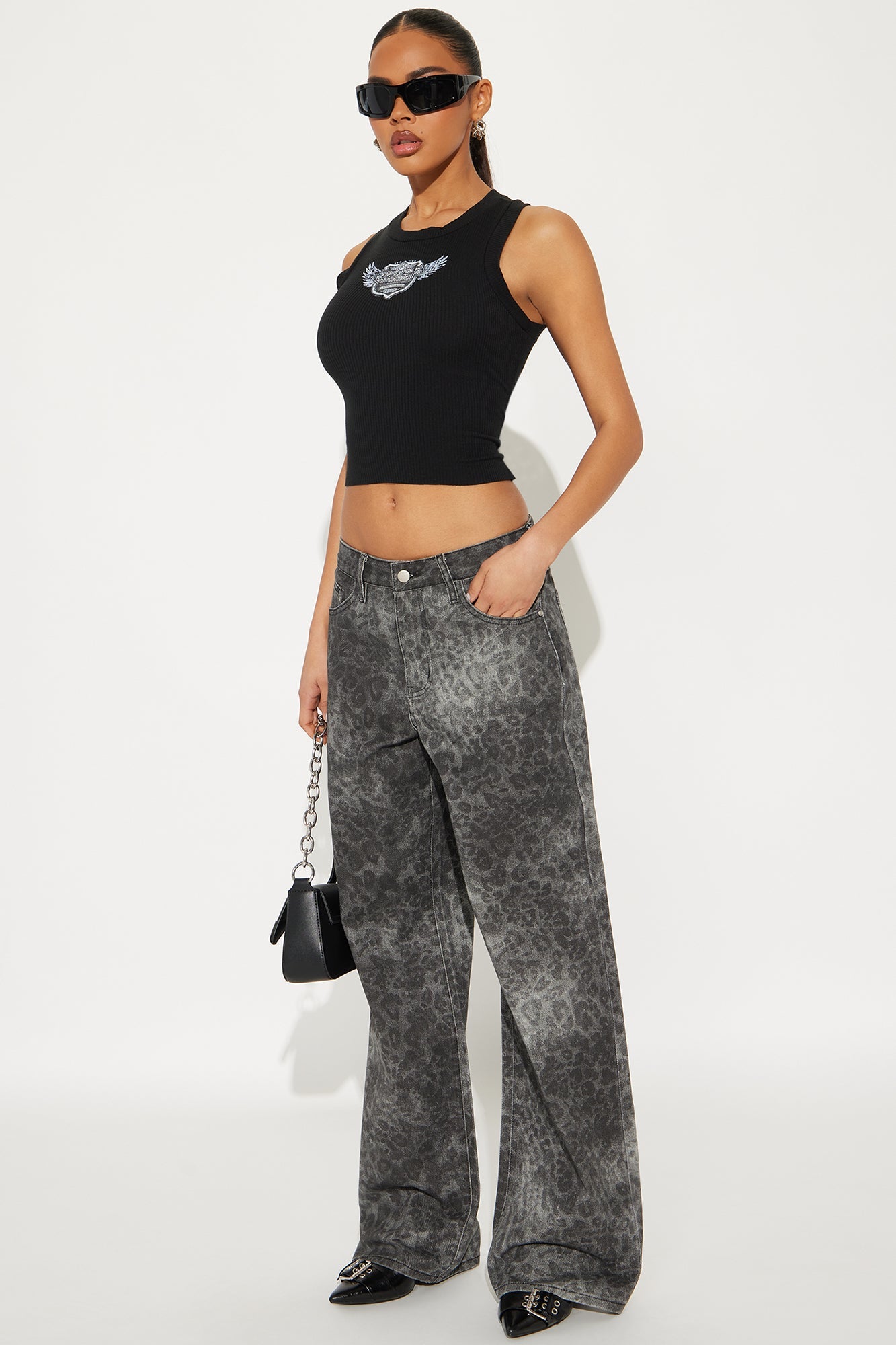 On The Prowl High Rise Leopard Print Wide Leg Jeans - Dark Grey