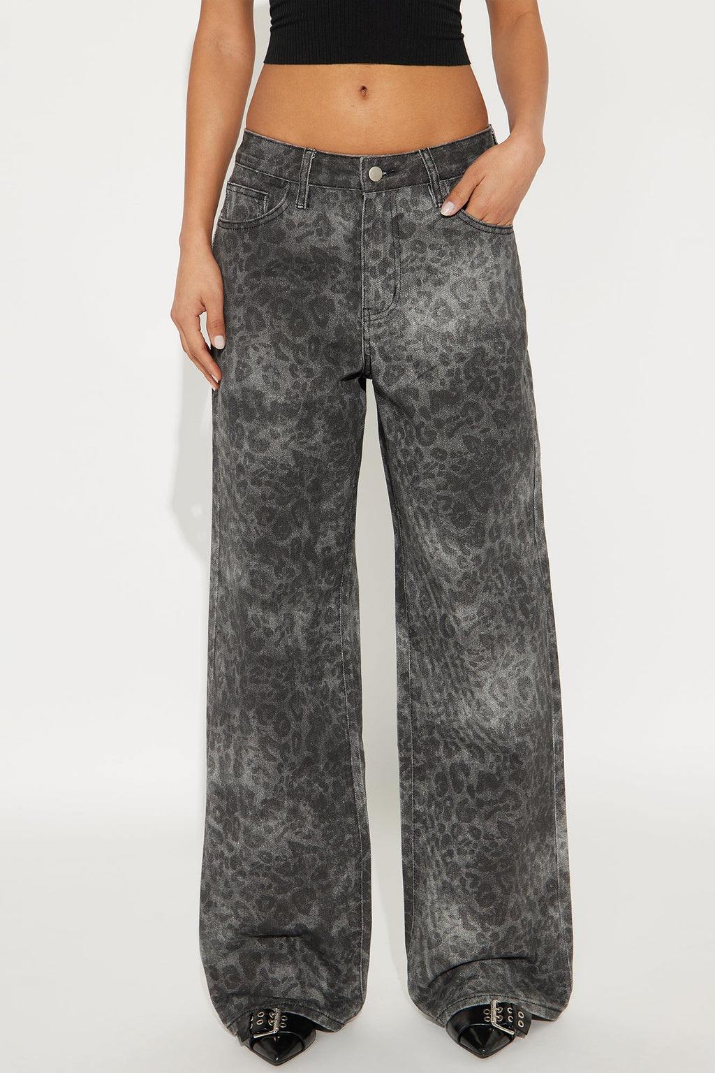 On The Prowl High Rise Leopard Print Wide Leg Jeans - Dark Grey