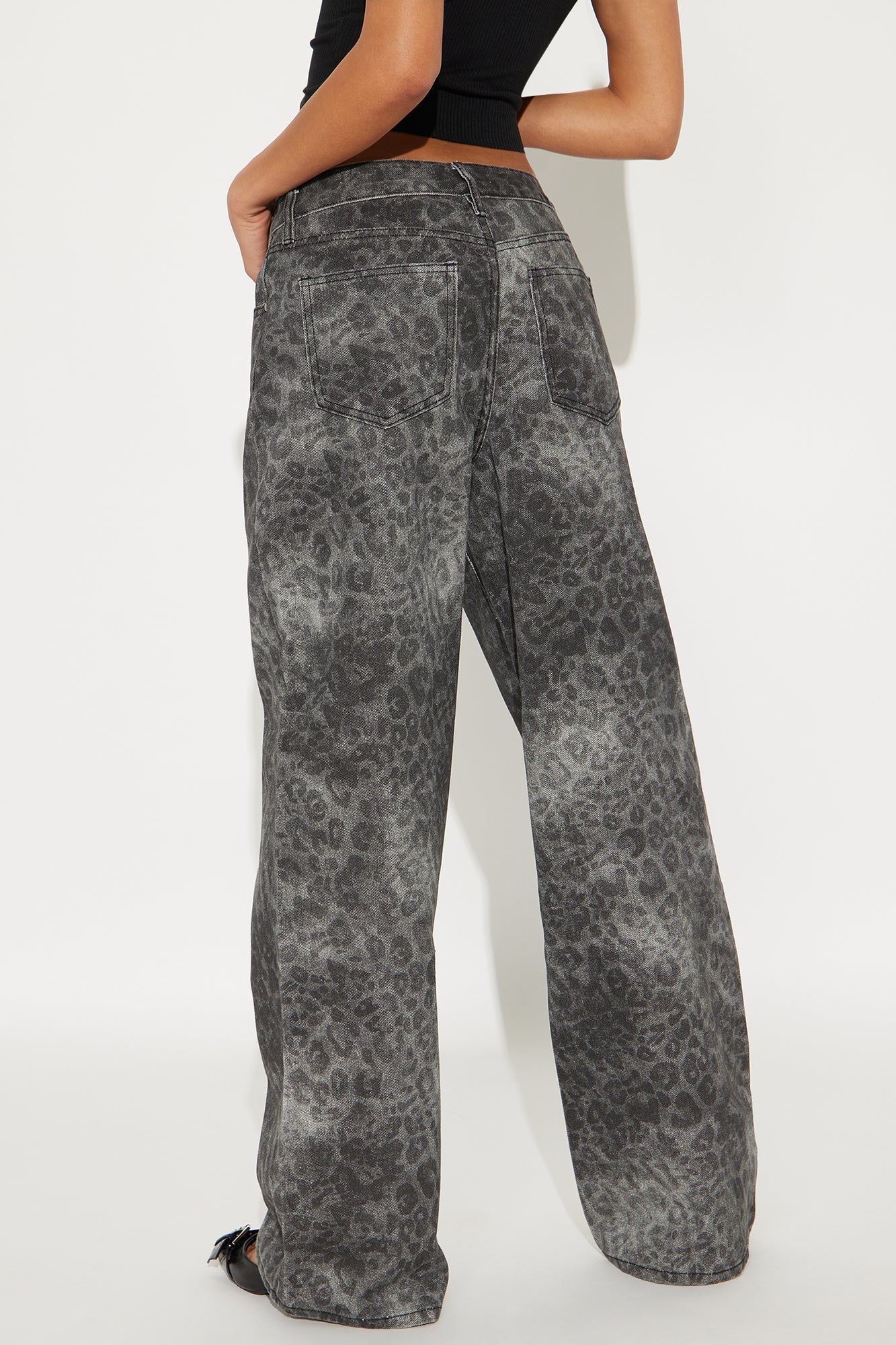 On The Prowl High Rise Leopard Print Wide Leg Jeans - Dark Grey