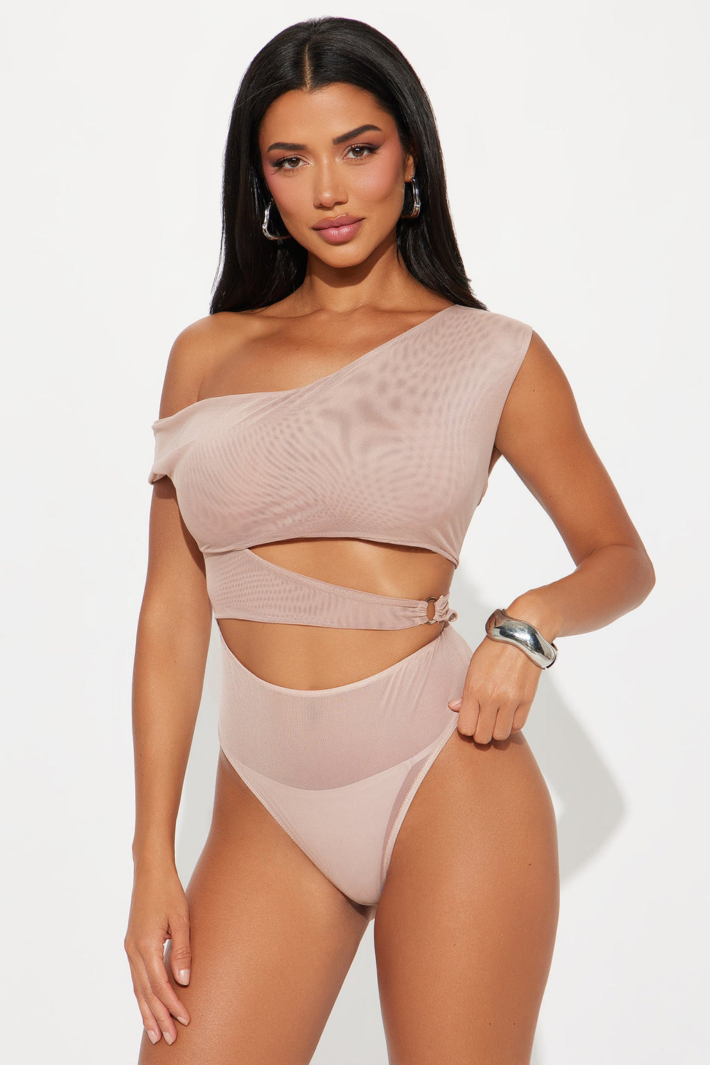The Most Wanted Off Shoulder Mesh Bodysuit - Mocha