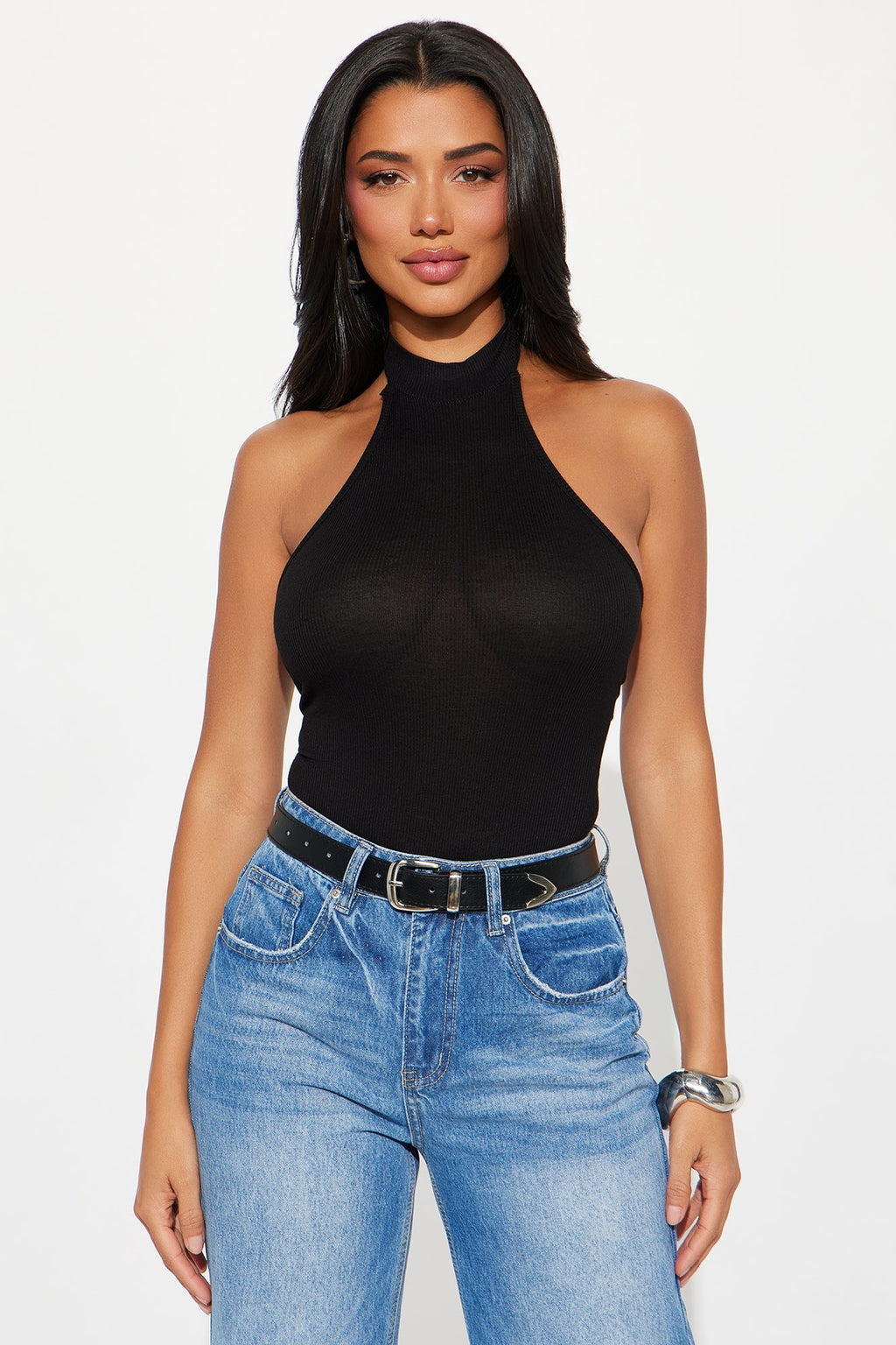 Bitter Sweet Ribbed Halter Bodysuit - Black