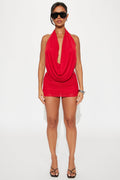 Shayna Cowl Halter Mesh Mini Skirt Set - Red