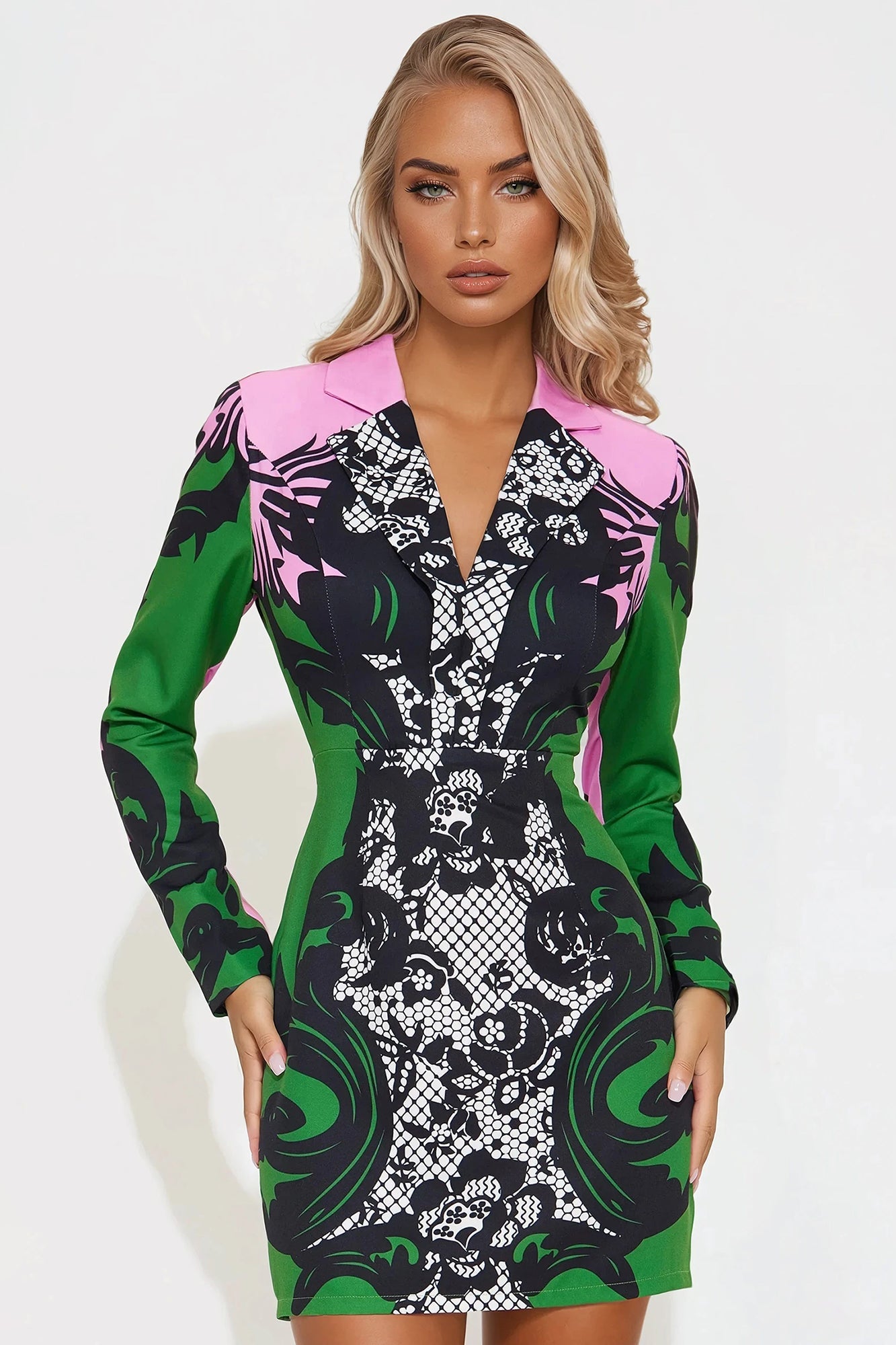 Malone Collared Micro Mini Dress - Green/combo