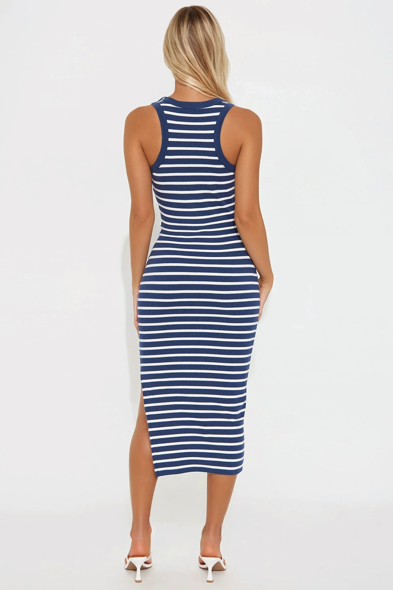 Maya Ribbed Striped Midi Dress - Navy/combo