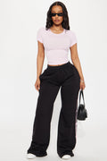 Sara Wide Leg Striped Fleece Pant - Black