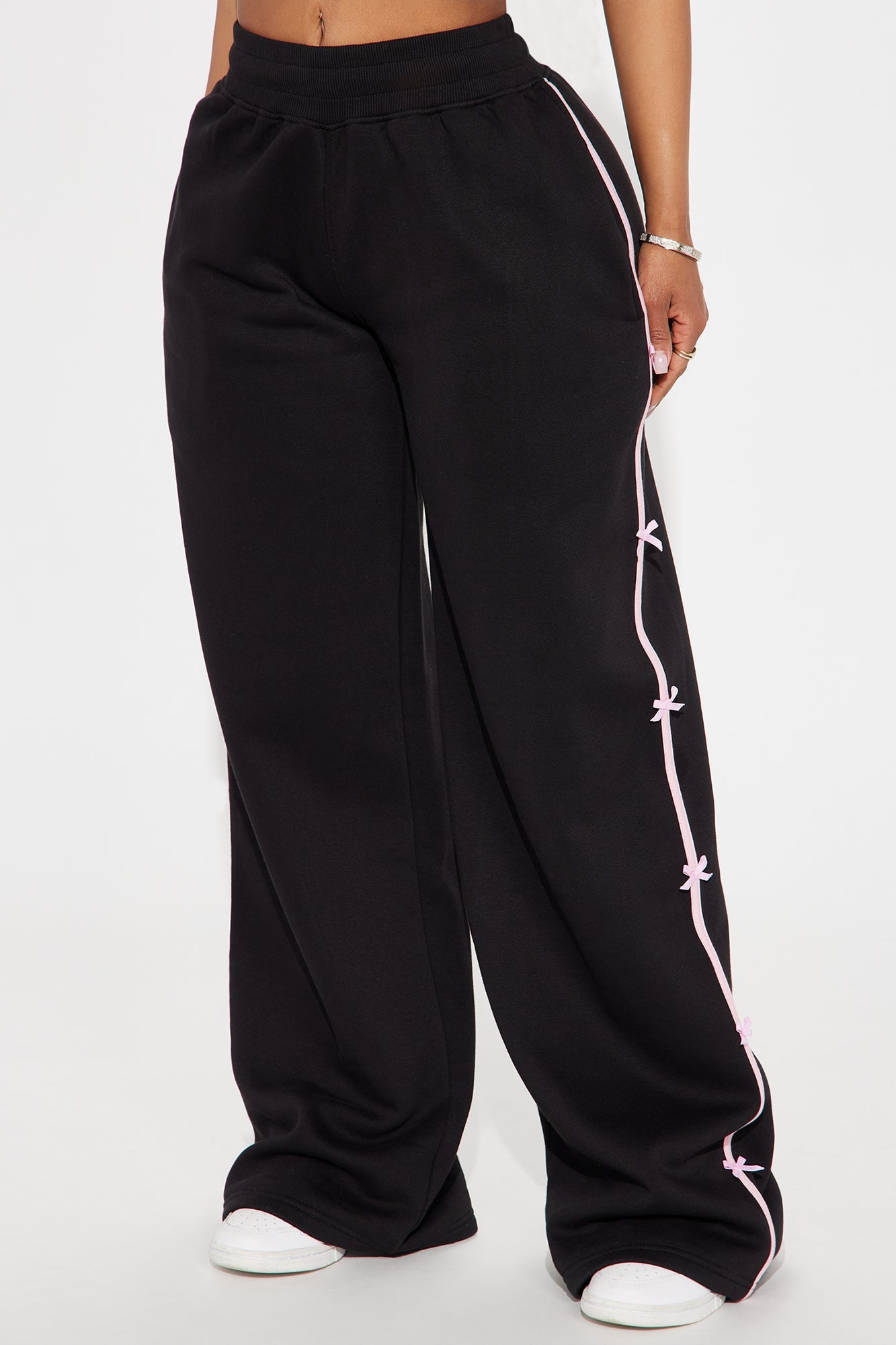 Sara Wide Leg Striped Fleece Pant - Black