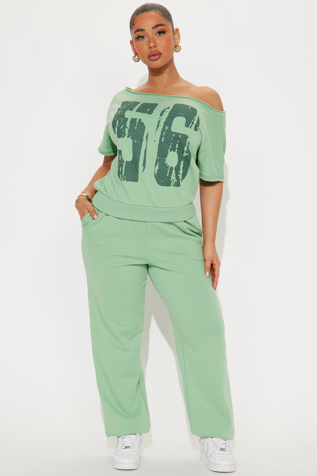 56 Off Shoulder Jogger Set - Sage