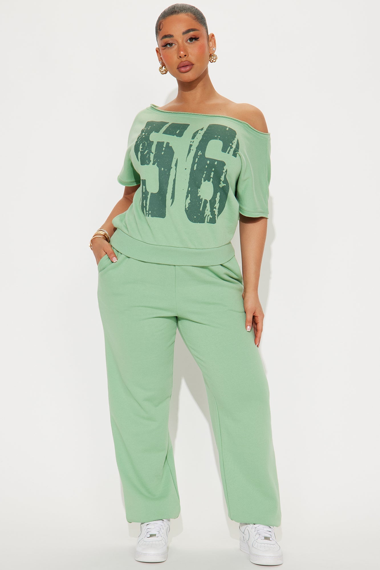 56 Off Shoulder Jogger Set - Sage